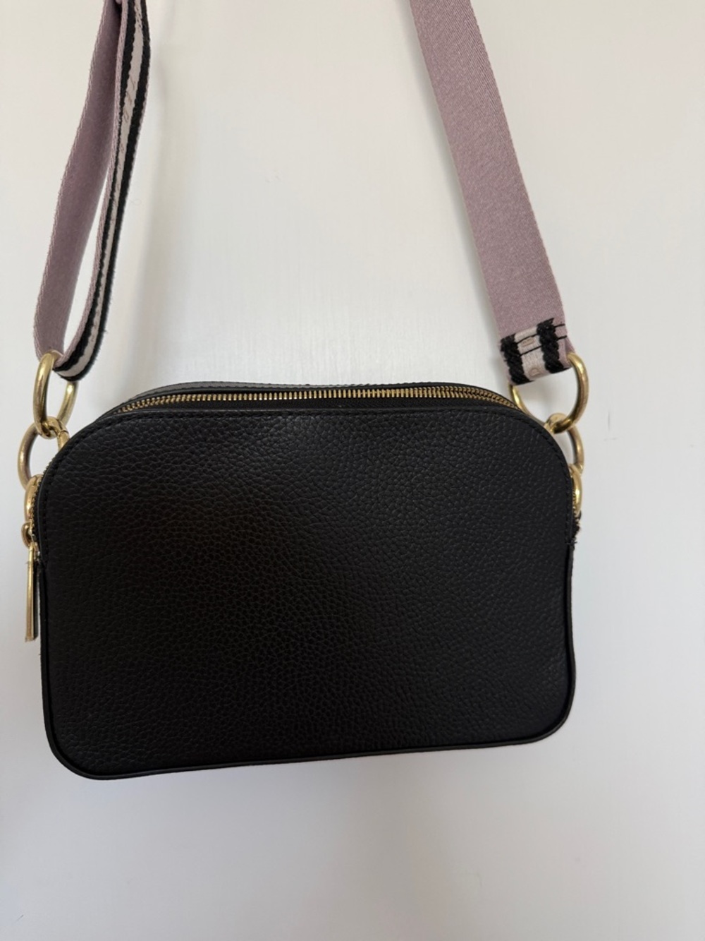 Ted Baker Black Pebbled Leather Crossbody with Pink and Black Striped Strap - Picture 3 of 7